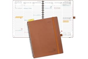 POPRUN Agenda Settimanale 2024 Verticale, Weekly Planner 2024 26,5 x 21,5 cm con Tag Mensili e Portapenne Autoadesivoc, Pelle Vegana e Carta Spessa da 100 gsm Certificata FSC®, Marrone