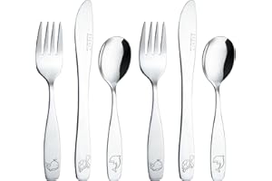 EXZACT Cubertería infantil de acero inoxidable, 6 piezas, vajilla infantil, apta para lavavajillas, criaturas marinas grabadas, delfín, tortuga, ballena