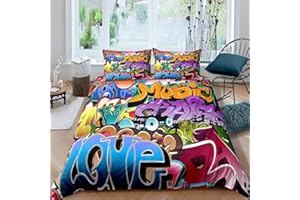 Loussiesd Stile Graffiti Set di biancheria da letto Hip Hop Tema Bambini Comforter Cover per Ragazzi Youth Illustrazione, Giovane Uomo Copripiumino Street Culture 3 Pz King
