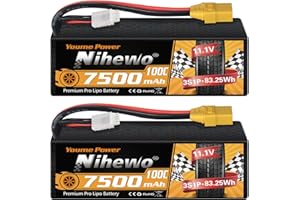 Nihewo 3S Lipo Battery, 2Packs RC Battery 11.1V 7500mAh 100C 3S Lipo Hard Case XT90 Connector Compatible with Arrma Axial Losi 1/8 1/10 RC Car Truck Truggy Vehicles Tank Boat Airplane Models