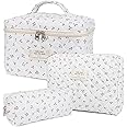 3 PCS Cotton Quilted Makeup Bag,Cute Cosmetic Bag for Women,Floral Coquette Aesthetic Makeup Bag Set, Travel Toiletry Organizer Bag., Cherry, 3PCS