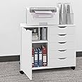 PUNCIA 5-Drawer Mobile Filing Cabinet for Home Office Storage, Lateral File Cabinet with Door, Printer Stand with Storage on Wheel, Wooden Rolling Office Document Storage Cupboard White