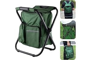 lcvtos Silla de Mochila, Taburete Plegable para Silla de Camping con Bolsa Refrigeradora, Taburete de Camping Portátil 3 en 1, Tela Oxford de PVC 600D, para Pesca,Camping,Caza (Verde)