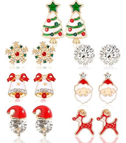 Lysjoy Orecchini Natalizi - 12 Paia, Lega Ipoallergenica, Motivi Babbo Natale, Renne, Fiocchi Di Neve, Regalo Di Natale Per Donna E Bambina