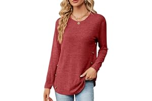 HEERSAN Décontracté Chemisier Femme, Ample Chemisier à Col Rond Tops, T-Shirt à Manches Longues pour Femmes, Couleur Unie Blouse Mode T-Shirt Chic et Élégant Tunique Tops avec Boutons décoratifs