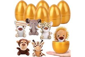 DIYDEC Gold Filled Easter Eggs, 6pcs Cute Animal Plush Toys Prefilled Gold Plastic Easter Eggs Surprise Present for Easter Basket Stuffers Party Favors Egg Hunt for Kids