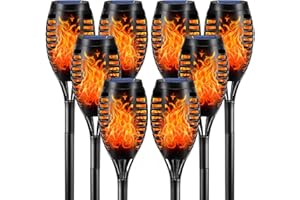 LQWELL Luces de antorcha solar para exteriores, 8 piezas, 12 LED, lámpara solar con efecto de llama, IP65, impermeable, jardín, camino solar, iluminación de césped para patio trasero (paquete de 8)