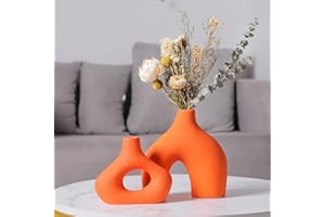 CEMABT Orange Ceramic Vase Set of 2 for Modern Minimalist Bohemian Decor，Round Matte Donut Vases for Pampas Grass-Perfect for Living Room, Dining Table, Office Bedroom Shelf Decor Entryway, Console