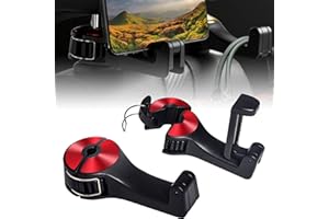 BAFIWU 2 In 1 Car Headrest Hidden Hook, Universal Car Back Seat Hook with Phone Holder, 360° Rotation Auto Seat Hook Hanger Storage Organizer for Bag, Purse, Toys (2 x Red)