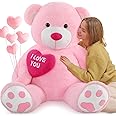 MorisMos Giant I Love You Teddy Bear with Heart, XXL 130cm Pink Teddy Bear for Girlfriend, Large Teddies Soft Plush Toy, Big Cuddly Fluffy Bear Gift for Kids Wife Mum Birthday Mothers Day Deco