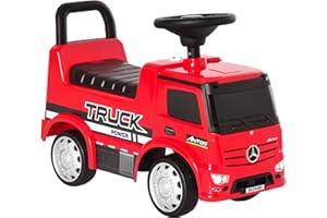 HOMCOM Rutscherfahrzeug Rutscherauto Babyrutscher Kinderfahrzeug lizenziert von Mercedes ANTOS-LKW-Stil mit Licht für Kinder von 12 bis 36 Monaten Metall PP-Kunststoff Rot+Schwarz 62,5x28,5x45cm