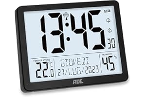 ADE Orologio digitale radiocontrollato con cifre molto grandi | Orologio da tavolo o parete con 2 orari di sveglia e illuminazione | Termometro Igrometro | Cornice stretta in nero opaco