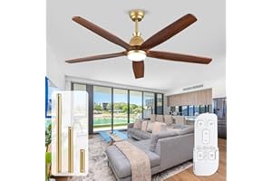 OUENGK 132 Cm Ventilatori Da Soffitto All'Aperto Con Luci, 5 Pale In Legno Oro Ventilatori Da Soffitto Con Telecomando, Grande Flusso D'Aria Reversibile Silenzioso Motore Dc Ventilatore Da Soffitto