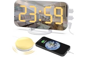 REDGO Loud Digital Alarm Clock for Heavy Sleepers with Bed Shaker with Adjustable LED Light, Snooze, 2 USB Charger, Large Mirror Surface Clock, Digital Alarm Clock for Bedroom