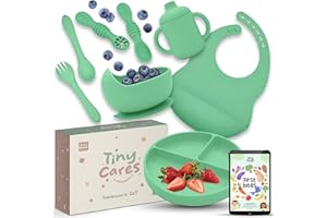 TINYCARES Vajilla Bebe Silicona Segura y Sostenible, Vaso Aprendizaje Bebe, Precucharas Blw para Desarrollo Motor de Bebes, Vajilla Infantil, Cubiertos Infantiles. Incluye Guía Recetas (Verde)