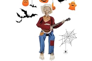 GENIKEER Halloween Animierte Banjo-Skelette, Lustige Animierte Duell-Banjo-Skelette, Halloween-Glühender Schädel Gitarren Harz Ornament, Mehrsprachiges Banjo-Skelett-, 2023 Neueste Horror-Nachtgeschenke