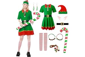 Joyesplay Elf Costume Adult Women Men Christmas Elf Fancy Dress Festival Outfit With Hat and Ears Striped Socks Shoes for Xmas Party Cosplay