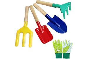 YORFULL Kit Jardineria Niños, Juego de 5 Herramientas Jardinería para Niños con Azada, Pala de Jardín, Guantes, Rastrillo y Pala, Herramientas Jardinería para Niños con Mangos de Madera Resistentes
