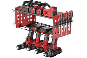 Yeabett 2-warstwowy organizator elektronarzędzia, regał na narzędzia dla wiertarek, wytrzymały stojak ścienny do garażu, domu lub warsztatu, czerwony