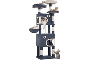 Hzuaneri Kratzbaum, 180 cm Katzenbaum mit 8 Kratzsäulen, 3 Plattformen, 2 Höhlen, Korb, Plüschbälle, Sisalseil, Geeignet für Katzen Verschiedener Größen, Dunkelgrau MS18018SG