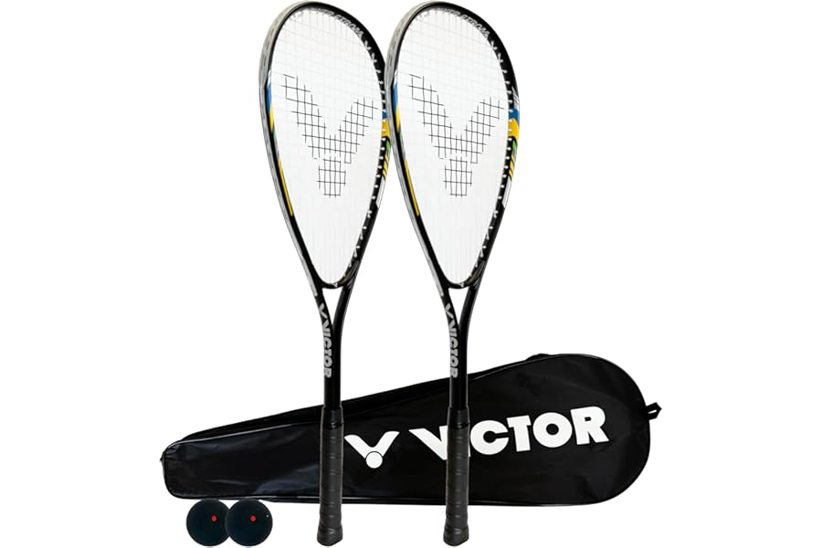 VICTOR Power Storm Twin Squash Racket Set, Protective Cover & Squash Balls