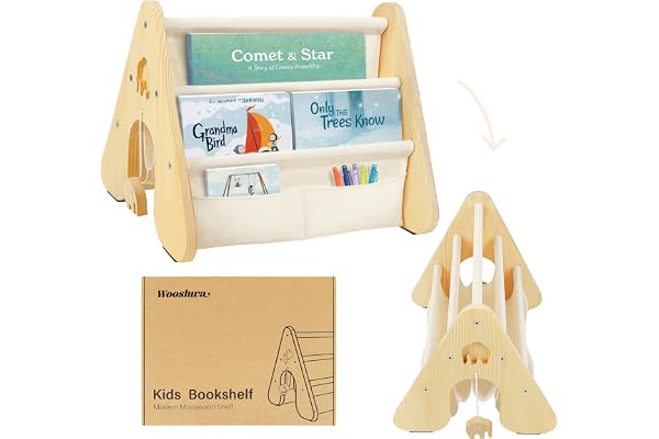 wooshwa Barnbokhylla i trä, liten dubbelsidig barnbokhylla för skrivbordsdisplay, Montessori Sling Boekenrek, barnbokhylla förvaring och organisatör för barn för lekrum, klassrum, sovrum