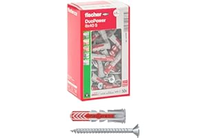 Fischer 537647 Chevilles avec vis DuoPower 8 x 40 mm pour mur plein, brique perforée, cloison sèche, 50 x 40 mm