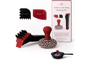 Cuisinel Cast Iron Chain Mail Scrubber + Cleaning Brush + Pan & Grill Scrapers - The Ultimate Skillet and Grill Cleaner Kit - Soft-Touch Confident-Grip Dish Scrub Tool - Silicone/Stainless Accessories