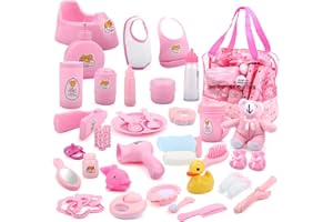 deAO Torba 40 akcesoriów dla lalek z jedzeniem, ubraniami, pluszakami, zabawkami do kąpieli, smoczkiem i wieloma innymi - świetny zestaw do opieki nad dzieckiem!