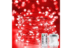 ERWAWEE Luci Albero di Natale a Batteria, 10M 100 LED Filo di Rame Luci Catena Luminosa da Esterno Interno con Telecomando 8 modalità ed Timer Decorazione per Festa, Halloween, Giardino, Matrimonio, Rosso