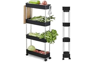 Wopeite 4-Tier Storage Trolley on Wheels, Narrow Utility Kitchen Cart Bathroom Trolley, Space-Saving Rolling Shelving Organiser for Office, Kitchen, Bathroom, Laundry Room, 40 x 13 x 86 cm