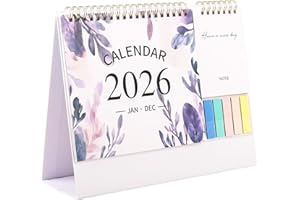 Fiohiros 2026 Floral Desk Calendar – Double-Sided 250g Paper, Vibrant & Elegant, Monthly Date Organizer with Space for Notes, 20 Blank Sticky Notes & 5 Colored Markers (Purple)