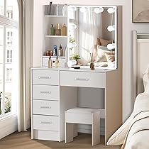 Make-uptafel Loïs 90cm 1 deur & 4 lades - lichte eikdecor/wit - Modern