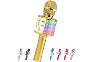 ShinePick Microfono Karaoke Bluetooth, Microfono bambini Wireless, Portatile Microfono Giocattolo Cambia Voce per Bambini, Compatibile con Android/iOS, PC e Smartphone(Aureo)
