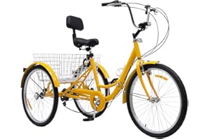 KumuJ Triciclo para adultos de 24 pulgadas plegable, 3 ruedas 7 velocidades, triciclo para adultos, triciclo de crucero, bicicleta con luz LED, cesta de verduras, portavasos