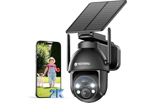 YESYAMO 2K Camera Surveillance WiFi Exterieure sans Fil Solaire, 2.4GHz Camera Exterieur avec Panneau Solaire, 355° PTZ, Vision Nocturne Couleur, Audio Bidirectionnel, PIR Sirène (Noir)