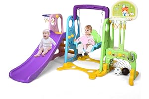 GOPLUS Parque Infantil 6 en 1, Tobogán y Canasta de Baloncesto de Polietileno de Alta Densidad con Asas, Columpio, Esquinas Redondeadas, para Interior y Exterior, Apto para 3 a 8 Años