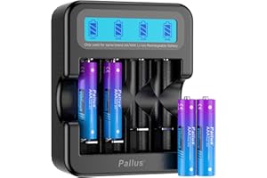 PALLUS Rechargeable AAA Lithium Batteries 4 Pack, 1100mWh High Capacity Performance, 1500 Cycles with Smart Charger, 2 Hours Fast Charging, Suitable for Remote Controls, Radios, Clocks, Toothbrushes