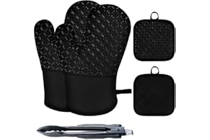 MengQiLe Guanti da Forno, Guanti da Cucina, Guanti da Forno in Silicone e Cotone Resistenti al Calore con 2 Presine 1 Clip per Alimenti per Cuocere e Cucinare