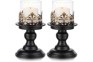 Sziqiqi Black Shabby Chic Pillar Candle Holder Set for Tables - Gothic Candlestick Holder Rustic Glass Hurricane Candle Holders Centrepieces for Mantlepiece Fireplace Dinner Desk Tabletop Ornament