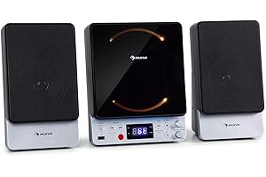 auna Microstar - Micro System, Vertical System, CD Player, Bluetooth, Stereo Speakers, USB Port, FM Tuner, LC Display, LED Ambient Light, Wall Installation or Floor-Standing, AUX/VIDEO, Black