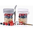 Eidoct Overnight Oats Container 2-Pack, Overnight Oats Jars with Lid and Spoon 10 oz Cereals, Milk, Fruit Salad, with Measurement Mark (grey and white)