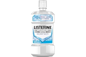 Listerine Advanced White Milder Taste (Zero Alcohol) Mouthwash (500ml), Fluoride Mouthwash to Whiten and Protect from New Stains While Remineralising and Strengthening Teeth