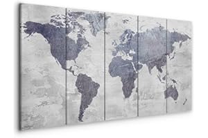 murando - Quadro Mappamondo 150x60 cm 5 Pezzi Stampa su tela in TNT XXL Immagini Moderni Murale Fotografia Grafica Decorazione da Parete Quadri Componibili grigio Calcestruzzo