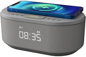 Radiowecker mit USB-Ladegerät, Bluetooth-Lautsprecher, Kabelloses Laden, Alarm Clock Ladestation mit dimmbares LED-Display – Netzbetrieb Digitaler Wecker ohne Ticken (Grau)