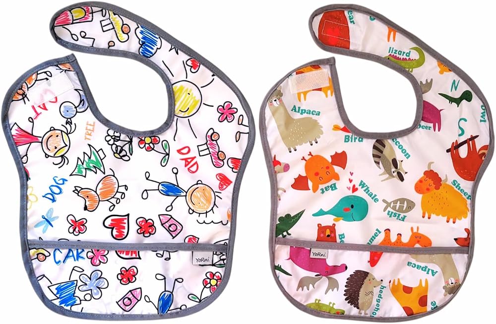 Yorni 2 Adet Ekonomik Set 6-24 Ay Zoo ve Family Desen Sıvı Geçirmeyen Cepli Cırtlı Mama Önlüğü