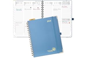 POPRUN Agenda 2024 Semainier 25,5 x 21,5 cm, Planner Vertical 12 Mois De jan 2024 à déc 2024 avec Couverture Rigide Spirale, Poche intérieur, Papier Certifié FSC®100 g/m²- Bleu Brume