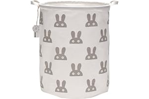 Sea Team 19.7 Inch Large Sized Waterproof Coating Ramie Cotton Fabric Folding Laundry Hamper Bucket Cylindric Burlap Canvas Storage Basket with Stylish Grey Bunny Design
