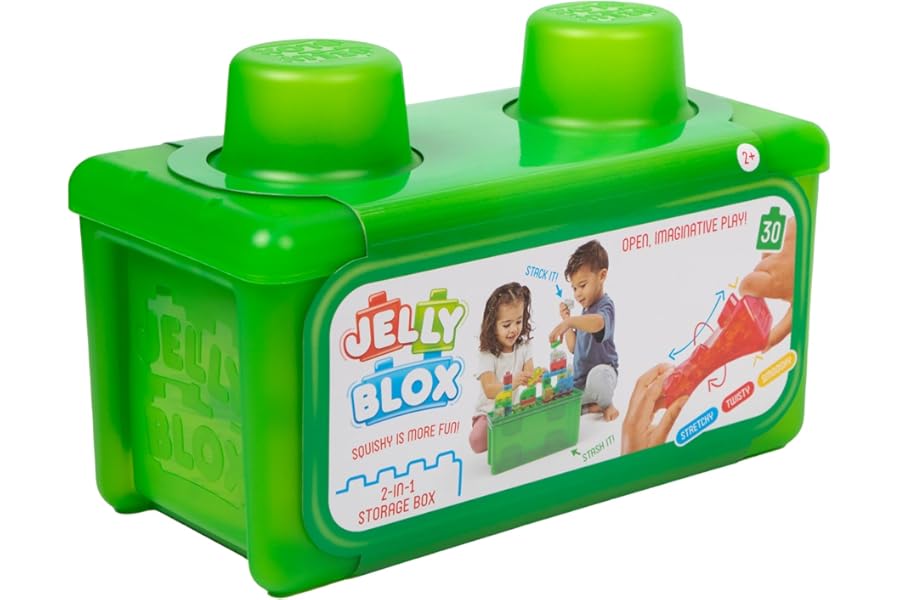 Jelly Blox 2-in-1 Storage Kit - Includes 30 Blocks - Toddler & Preschool Building Blocks Kids Can Squeeze, Stretch, Squish - Safety Tested & Ouch-Free - Tactile, Sensory Play Toy for Ages 2 Plus