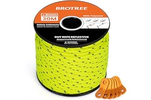 Brotree Cuerda Tienda Campaña Reflectante 4mm 30m Cuerda Tensora con 6 x Tensores de Cuerda para Tienda, Toldo, Camping (Reflectante Amarillo Neón)